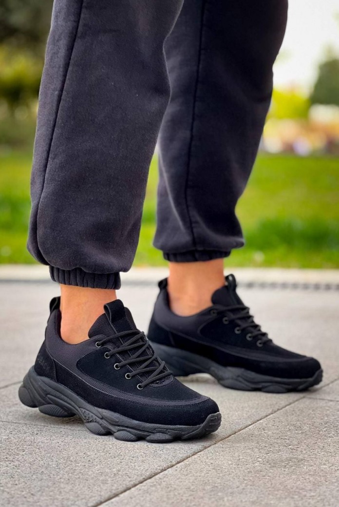 KB707 Erkek Günlük Bağcıklı Süet Triko Spor Sneaker Ayakkabı STST - Siyah