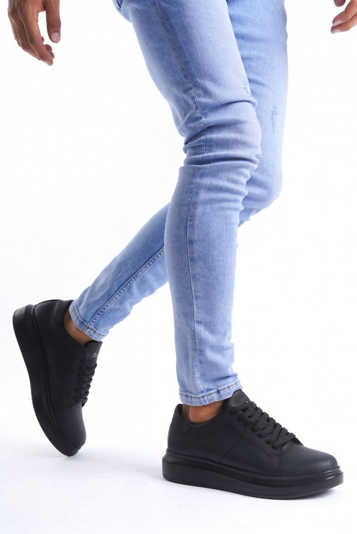 SLW151 Boost Erkek Günlük Bağcıklı Cilt Spor Sneaker Ayakkabı CST - Siyah