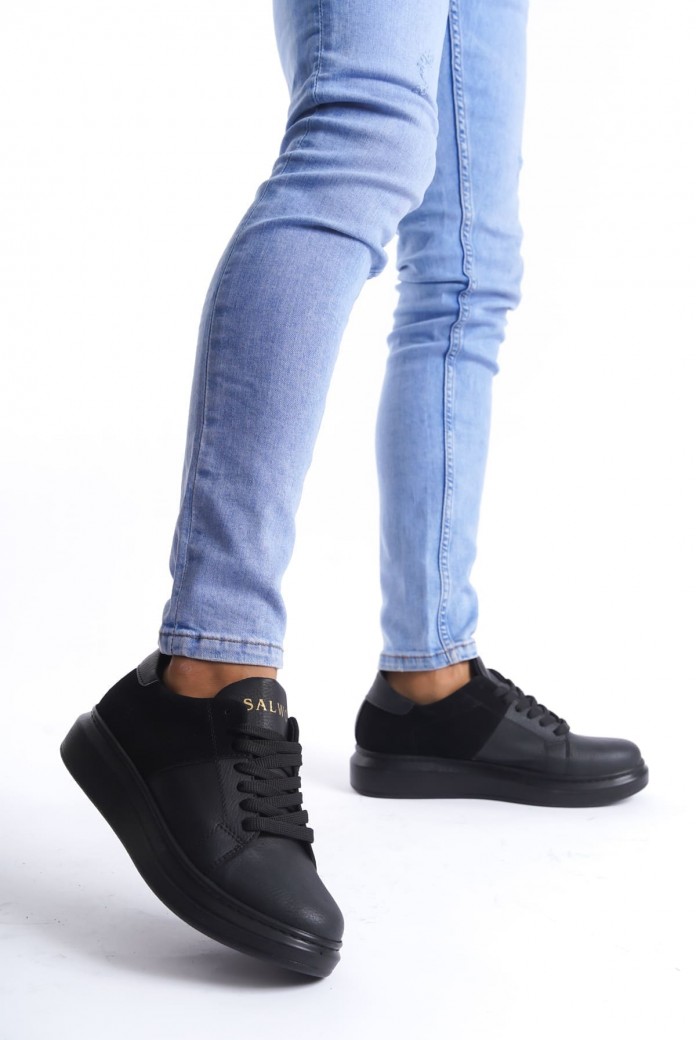 SLW151 Boost Erkek Günlük Bağcıklı Cilt Süet Spor Sneaker Ayakkabı CSST - Siyah