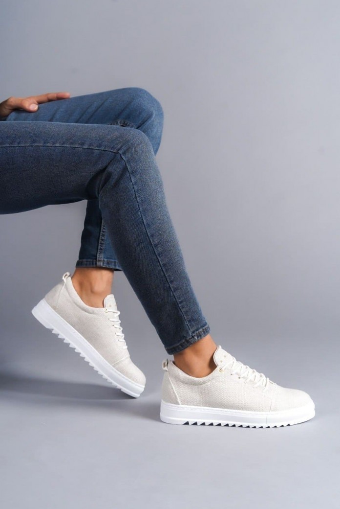 SLW152 Cool Erkek Günlük Bağcıklı Keten Klasik Ayakkabı KBT - Beyaz