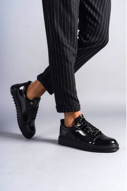 SLW152 Cool Erkek Günlük Bağcıklı Rugan Klasik Ayakkabı RST - Siyah