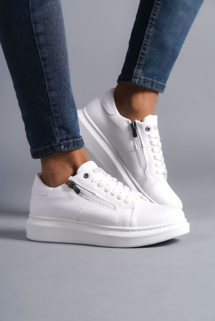 SLW155 Warrior Erkek Günlük Bağcıklı Fermuarlı Cilt Spor Sneaker Ayakkabı CBT - Beyaz