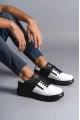 SLW155 Warrior Erkek Günlük Bağcıklı Fermuarlı Cilt Spor Sneaker Ayakkabı CST - Siyah/Beyaz