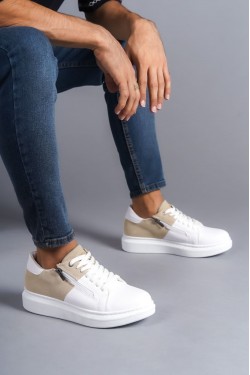 SLW155 Warrior Erkek Günlük Bağcıklı Fermuarlı Cilt Süet Spor Sneaker Ayakkabı CSBT - Beyaz/Krem