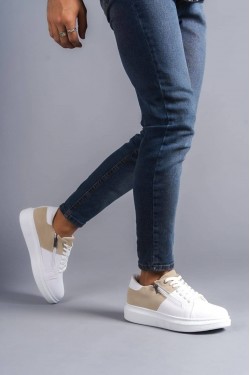 SLW155 Warrior Erkek Günlük Bağcıklı Fermuarlı Cilt Süet Spor Sneaker Ayakkabı CSBT - Beyaz/Krem