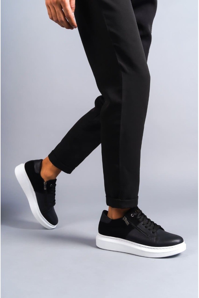 SLW155 Warrior Erkek Günlük Bağcıklı Fermuarlı Cilt Süet Spor Sneaker Ayakkabı CSBT - Siyah