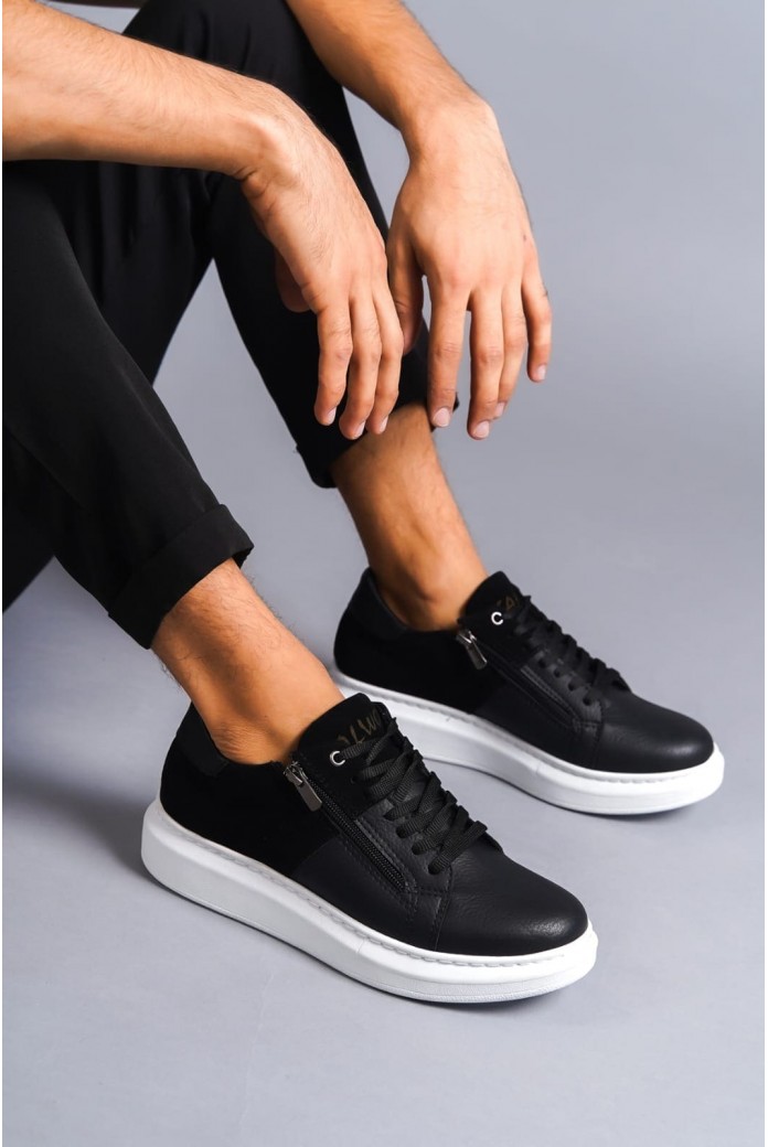 SLW155 Warrior Erkek Günlük Bağcıklı Fermuarlı Cilt Süet Spor Sneaker Ayakkabı CSBT - Siyah