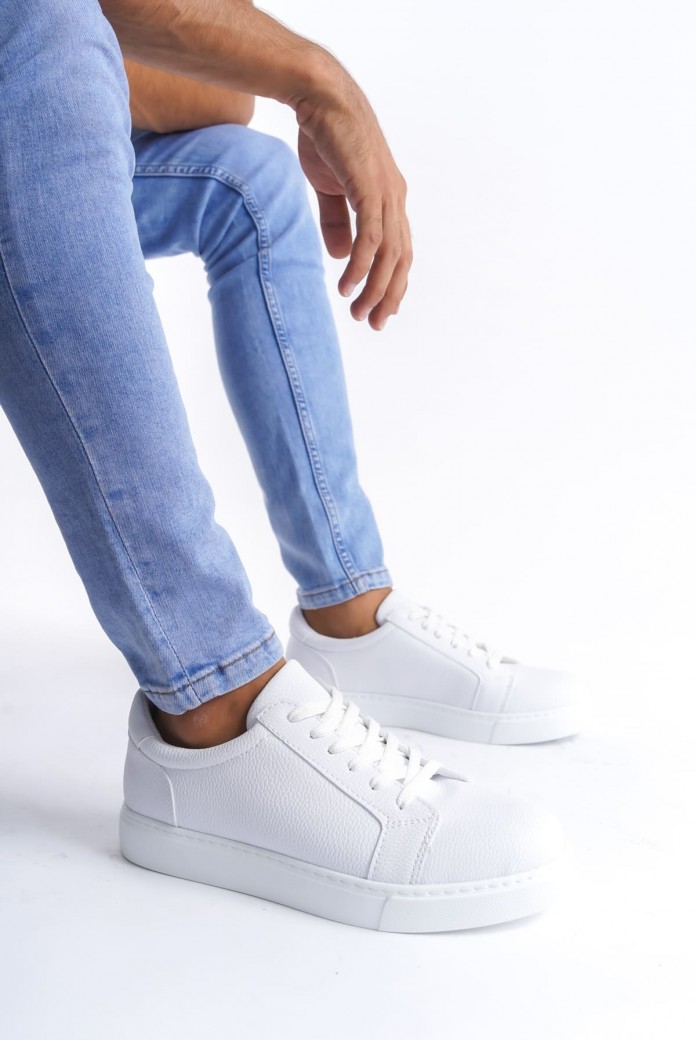 SLW165 Elite Erkek Günlük Bağcıklı Cilt Spor Sneaker Ayakkabı CBT - Beyaz