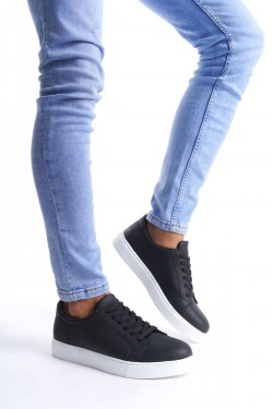SLW165 Elite Erkek Günlük Bağcıklı Cilt Spor Sneaker Ayakkabı CBT - Siyah