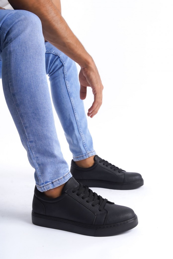SLW165 Elite Erkek Günlük Bağcıklı Cilt Spor Sneaker Ayakkabı CST - Siyah