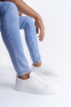 SLW166 Prestige Erkek Günlük Bağcıklı Kapitone Desenli Cilt Spor Sneaker Ayakkabı CBT - Beyaz