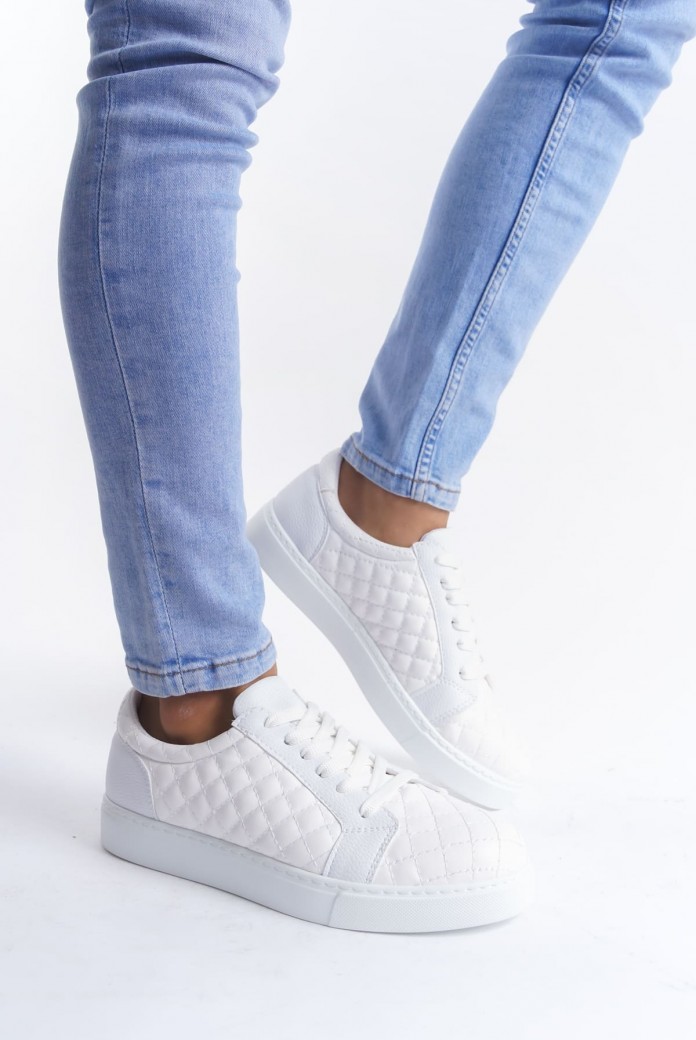 SLW166 Prestige Erkek Günlük Bağcıklı Kapitone Desenli Cilt Spor Sneaker Ayakkabı CBT - Beyaz