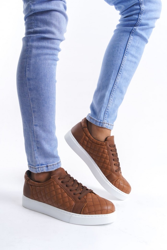 SLW166 Prestige Erkek Günlük Bağcıklı Kapitone Desenli Cilt Spor Sneaker Ayakkabı CBT - Taba