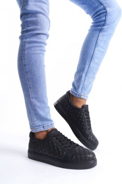 SLW166 Prestige Erkek Günlük Bağcıklı Kapitone Desenli Cilt Spor Sneaker Ayakkabı CST - Siyah