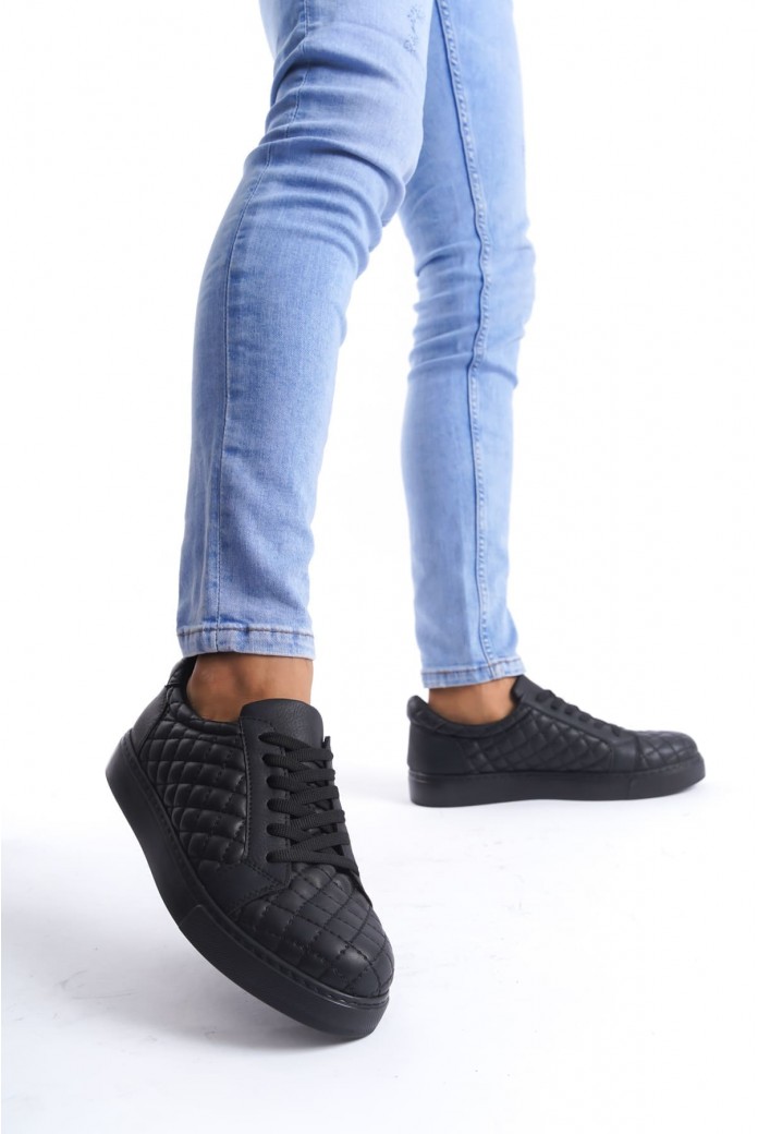 SLW166 Prestige Erkek Günlük Bağcıklı Kapitone Desenli Cilt Spor Sneaker Ayakkabı CST - Siyah