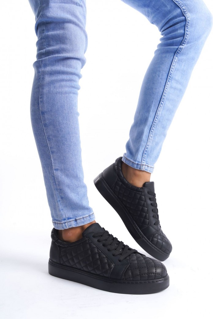 SLW166 Prestige Erkek Günlük Bağcıklı Kapitone Desenli Cilt Spor Sneaker Ayakkabı CST - Siyah