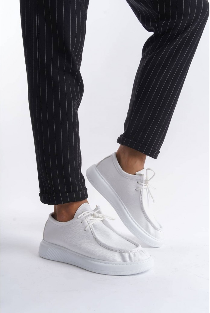 SLW170 Tornado Erkek Günlük Bağcıklı Cilt Klasik Ayakkabı CBT - Beyaz