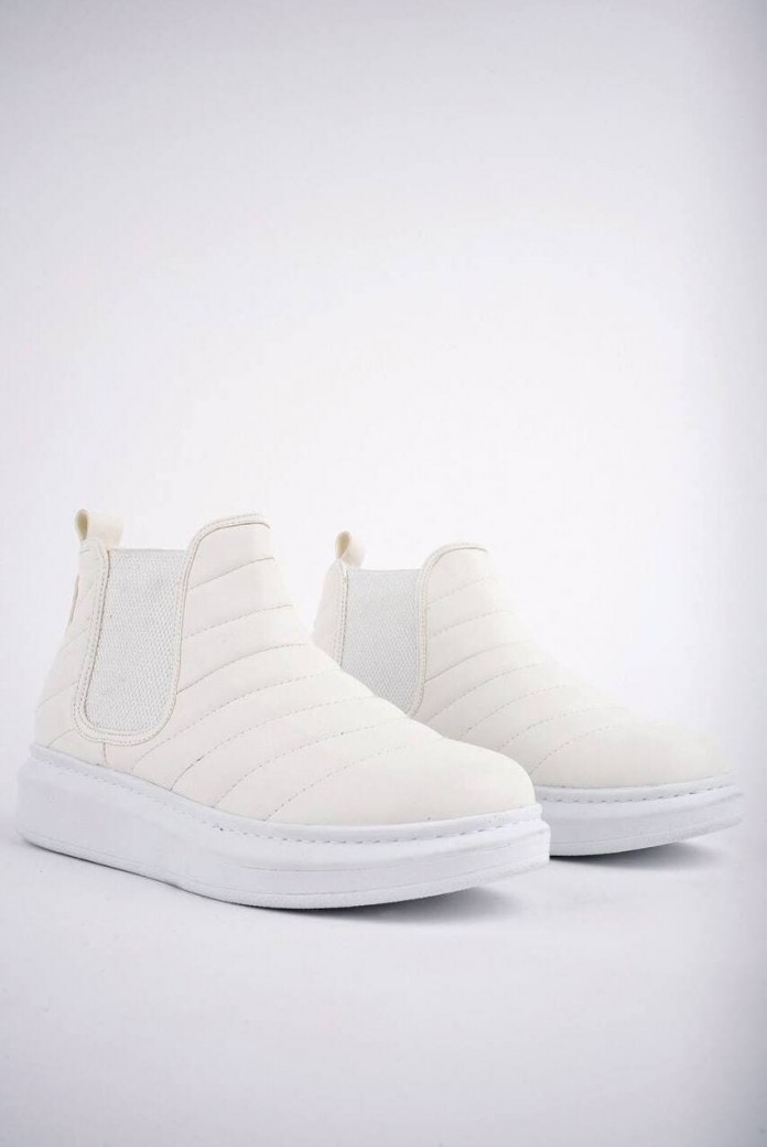 SLW205 Boston Erkek Spor Günlük Bağcıksız Dikiş Desenli Cilt Bot CBT - Beyaz