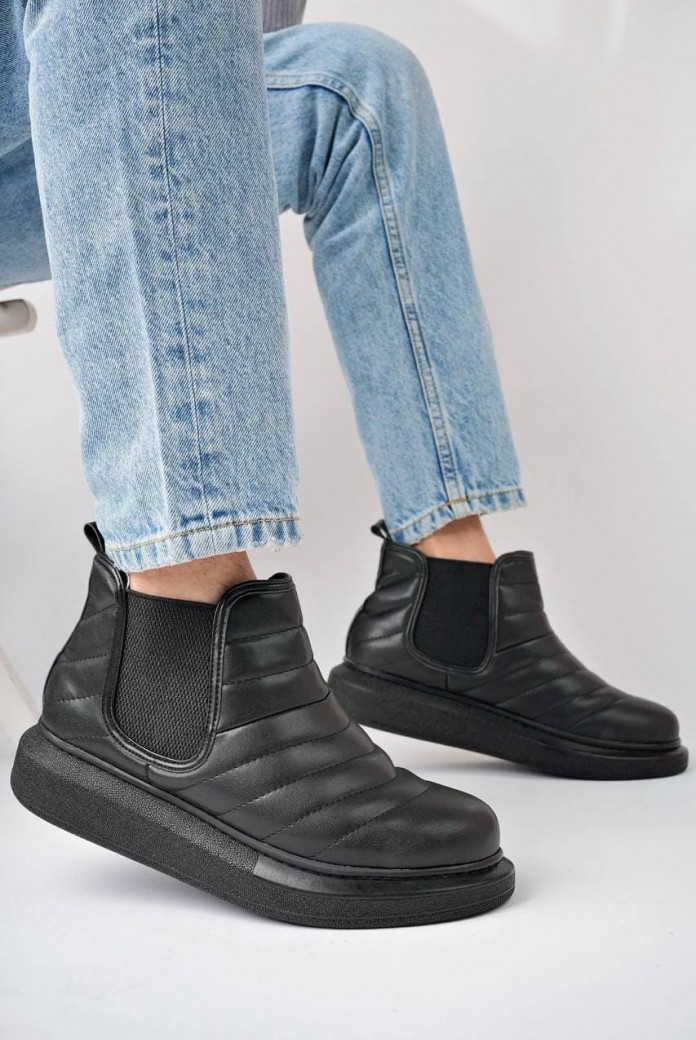 SLW205 Boston Erkek Spor Günlük Bağcıksız Dikiş Desenli Cilt Bot CST - Siyah