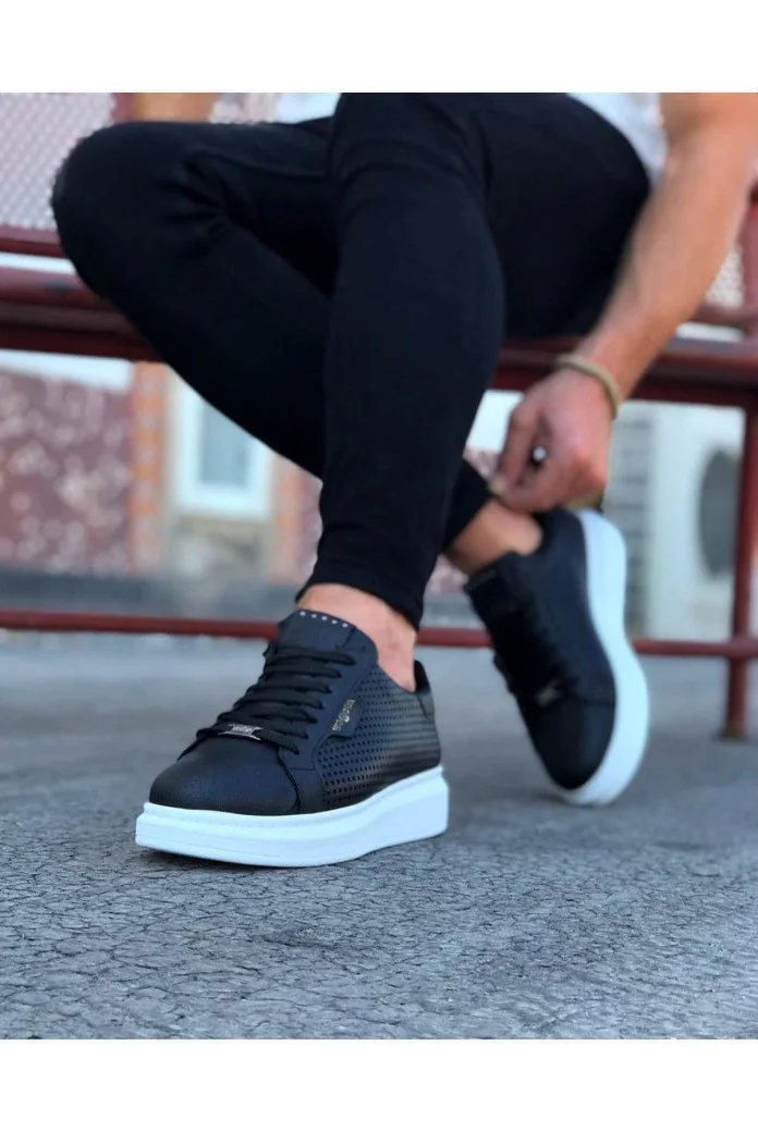 WG01 Erkek Günlük Bağcıklı Delikli Desen Cilt Spor Sneaker Ayakkabı CBT - Siyah