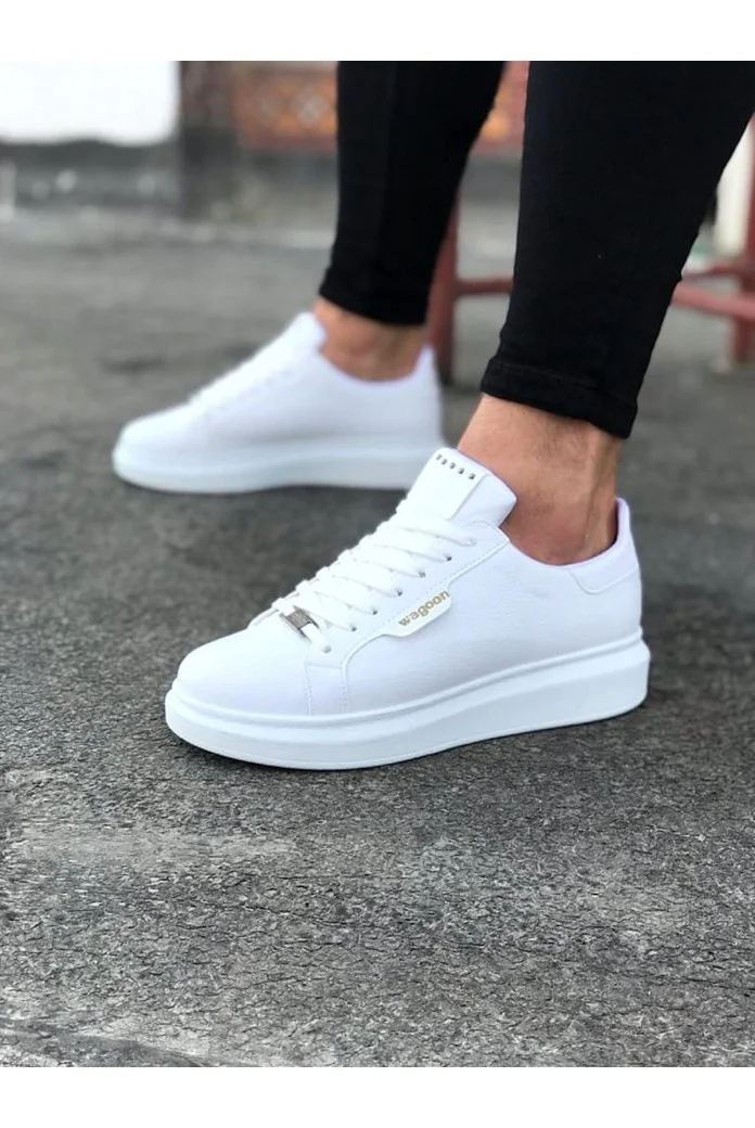 WG01 Erkek Günlük Bağcıklı Düz Desen Cilt Spor Sneaker Ayakkabı CBT - Beyaz