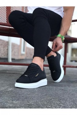 WG01 Erkek Günlük Bağcıklı Düz Desen Cilt Spor Sneaker Ayakkabı CBT - Siyah