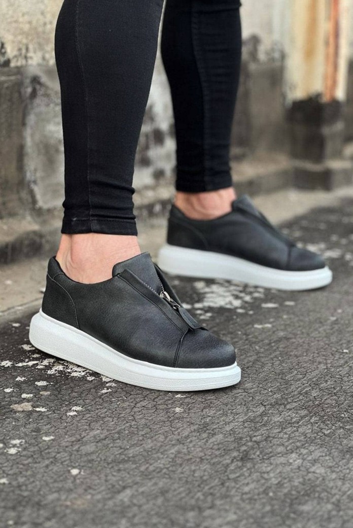 WG010 Erkek Günlük Fermuarlı Cilt Spor Sneaker Ayakkabı CBT - Gri