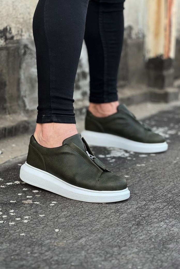 WG010 Erkek Günlük Fermuarlı Cilt Spor Sneaker Ayakkabı CBT - Haki