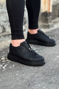 WG010 Erkek Günlük Fermuarlı Cilt Spor Sneaker Ayakkabı CST - Siyah