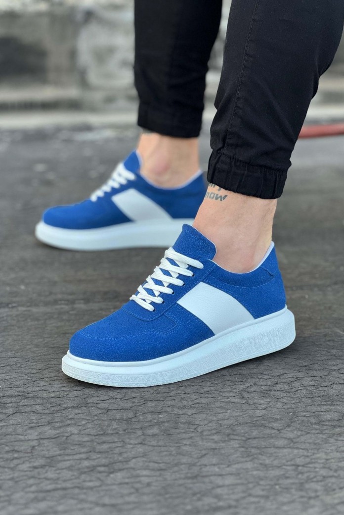 WG011 Erkek Günlük Bağcıklı Süet Spor Sneaker Ayakkabı SBT - Mavi/Beyaz