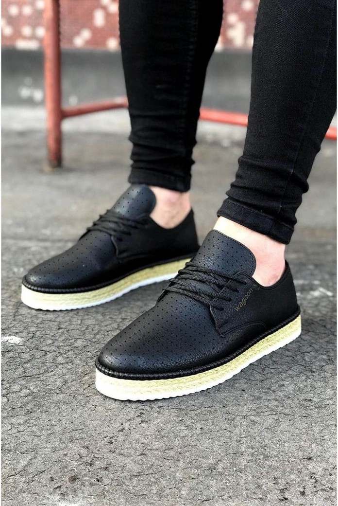 WG013 Erkek Günlük Bağcıklı Hasır Taban Cilt Klasik Ayakkabı CHT - Siyah