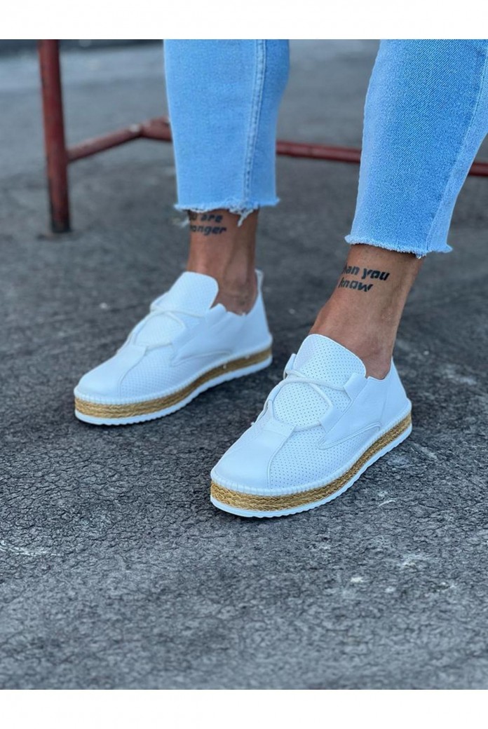 WG015 Erkek Günlük Bağcıklı Hasır Taban Cilt Klasik Ayakkabı CHT - Beyaz