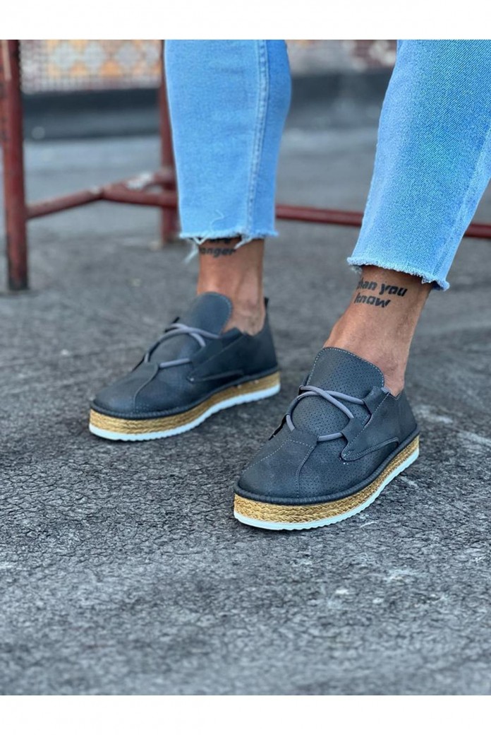 WG015 Erkek Günlük Bağcıklı Hasır Taban Cilt Klasik Ayakkabı CHT - Gri