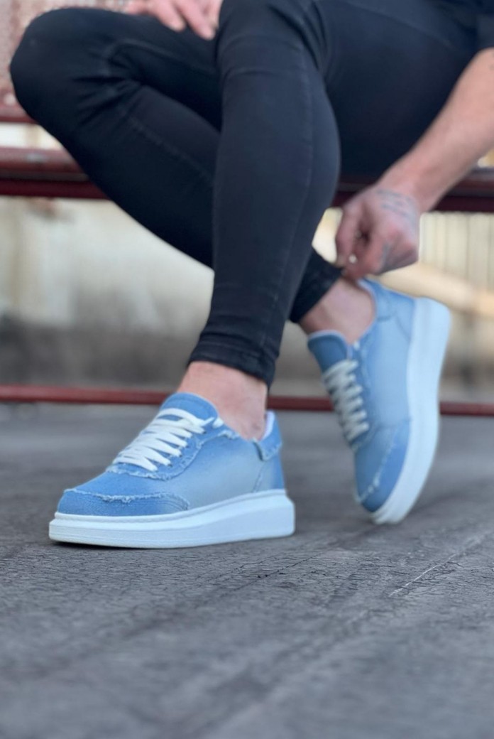 WG018 Erkek Günlük Bağcıklı Kot Kumaş Spor Sneaker Ayakkabı TBT - Açık Mavi