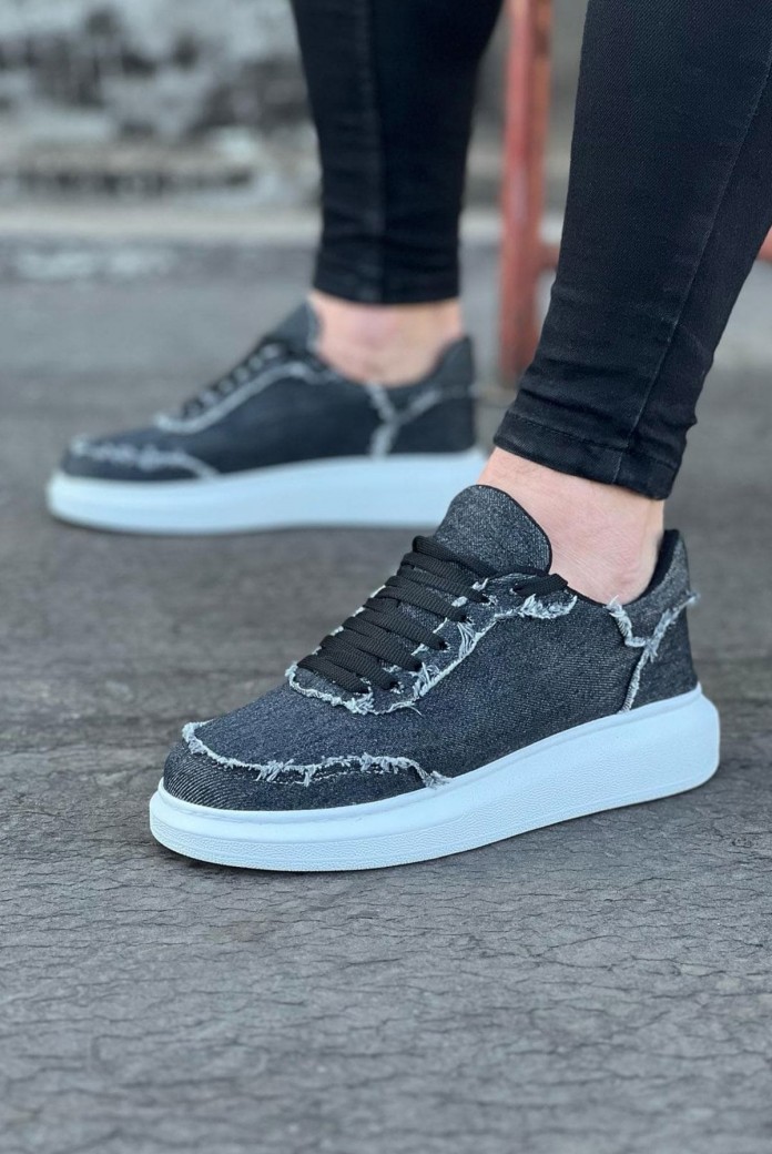 WG018 Erkek Günlük Bağcıklı Kot Kumaş Spor Sneaker Ayakkabı TBT - Gri