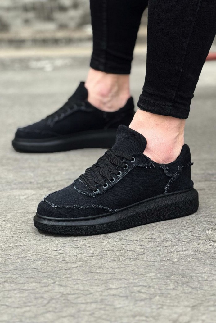 WG018 Erkek Günlük Bağcıklı Kot Kumaş Spor Sneaker Ayakkabı TST - Siyah