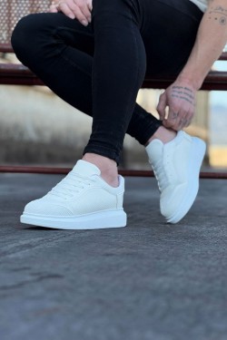 WG019 Erkek Günlük Bağcıklı Triko Cilt Spor Sneaker Ayakkabı TCBT - Beyaz