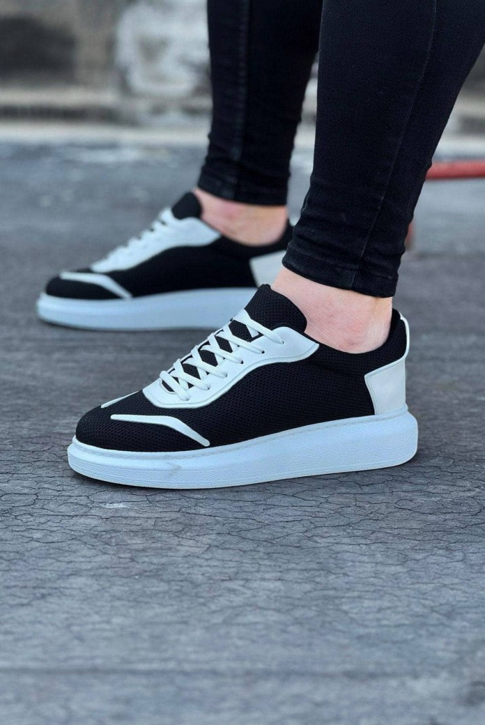 WG019 Erkek Günlük Bağcıklı Triko Cilt Spor Sneaker Ayakkabı TCBT - Siyah/Beyaz
