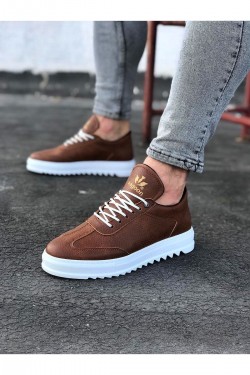 WG022 Erkek Günlük Bağcıklı Delikli Desen Cilt Spor Sneaker Ayakkabı CBT - Taba
