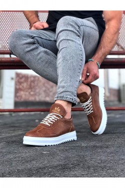 WG022 Erkek Günlük Bağcıklı Delikli Desen Cilt Spor Sneaker Ayakkabı CBT - Taba