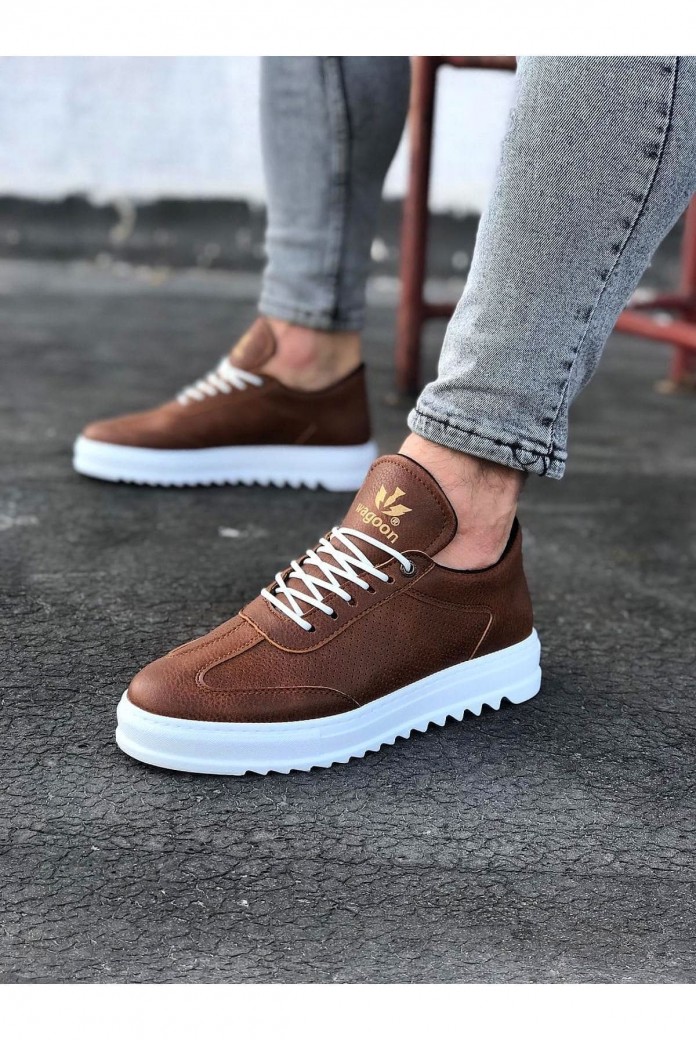 WG022 Erkek Günlük Bağcıklı Delikli Desen Cilt Spor Sneaker Ayakkabı CBT - Taba
