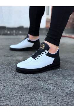 WG022 Erkek Günlük Bağcıklı Delikli Desen Cilt Spor Sneaker Ayakkabı CST - Beyaz/Siyah