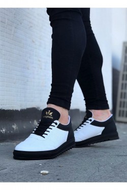 WG022 Erkek Günlük Bağcıklı Delikli Desen Cilt Spor Sneaker Ayakkabı CST - Beyaz/Siyah WG022 Erkek Günlük Bağcıklı Delikli Desen Cilt Spor Sneaker Ayakkabı CST - Beyaz/Siyah