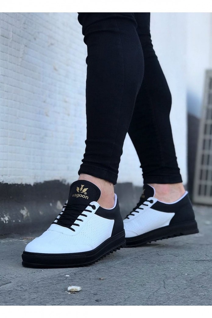WG022 Erkek Günlük Bağcıklı Delikli Desen Cilt Spor Sneaker Ayakkabı CST - Beyaz/Siyah WG022 Erkek Günlük Bağcıklı Delikli Desen Cilt Spor Sneaker Ayakkabı CST - Beyaz/Siyah