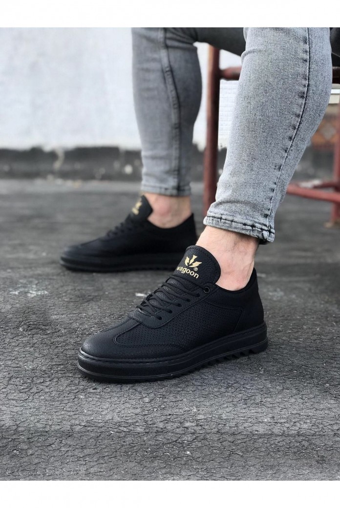 WG022 Erkek Günlük Bağcıklı Delikli Desen Cilt Spor Sneaker Ayakkabı CST - Siyah