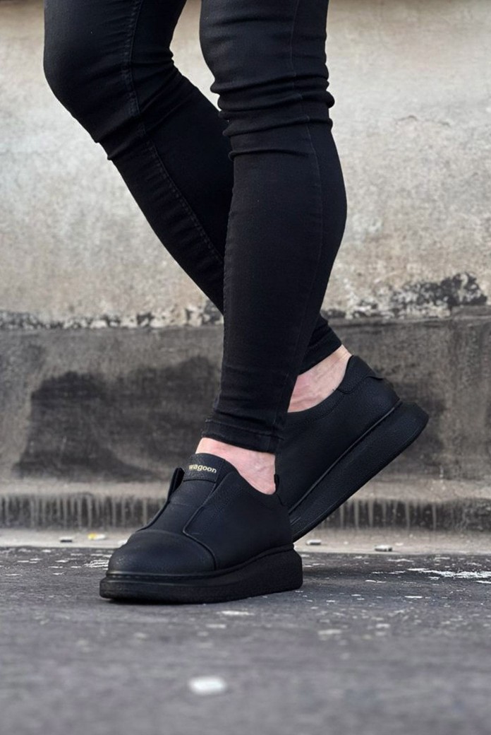 WG023 Erkek Günlük Bağcıksız Cilt Spor Sneaker Ayakkabı CST - Siyah