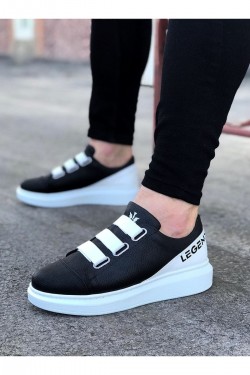 WG029 Erkek Günlük Lastikli Legend Cilt Spor Sneaker Ayakkabı CBT - Siyah/Beyaz
