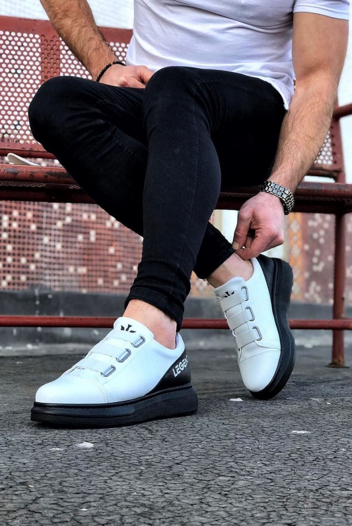 WG029 Erkek Günlük Lastikli Legend Cilt Spor Sneaker Ayakkabı CST - Beyaz/Siyah