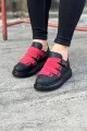 WG033 Erkek Günlük Tokalı Cilt Spor Sneaker Ayakkabı CST - Siyah/Kırmızı