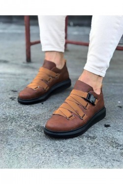 WG033 Erkek Günlük Tokalı Cilt Spor Sneaker Ayakkabı CST - Taba